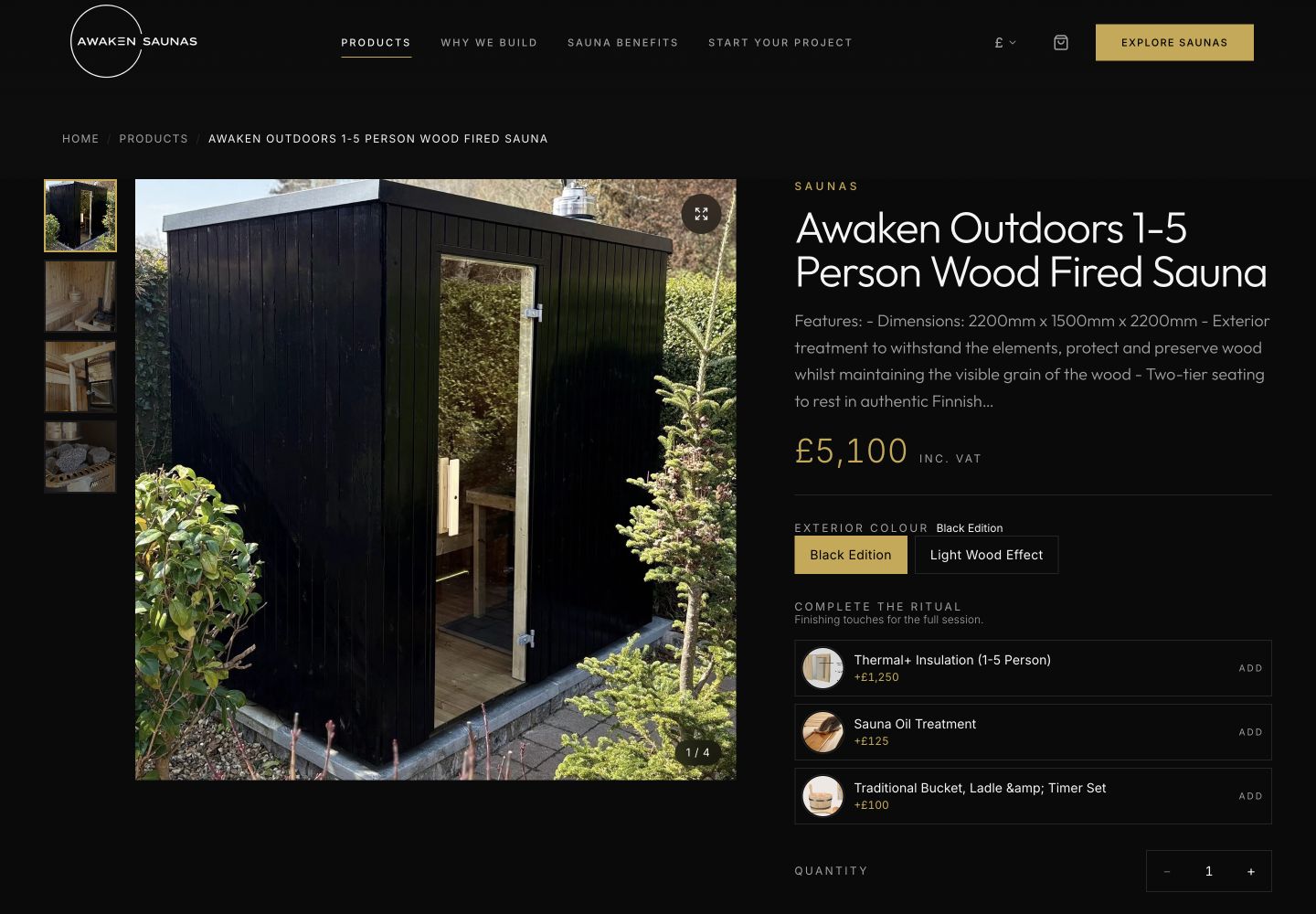 Awaken Saunas product page and configuration experience by Stocks Local